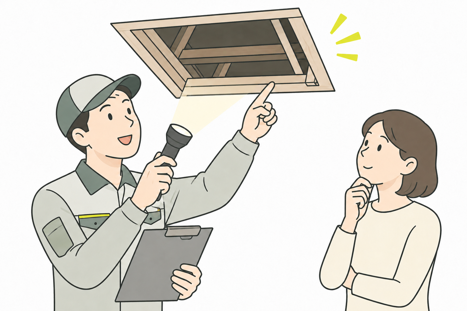作業員が住宅の天井と侵入口を現地調査するイラスト