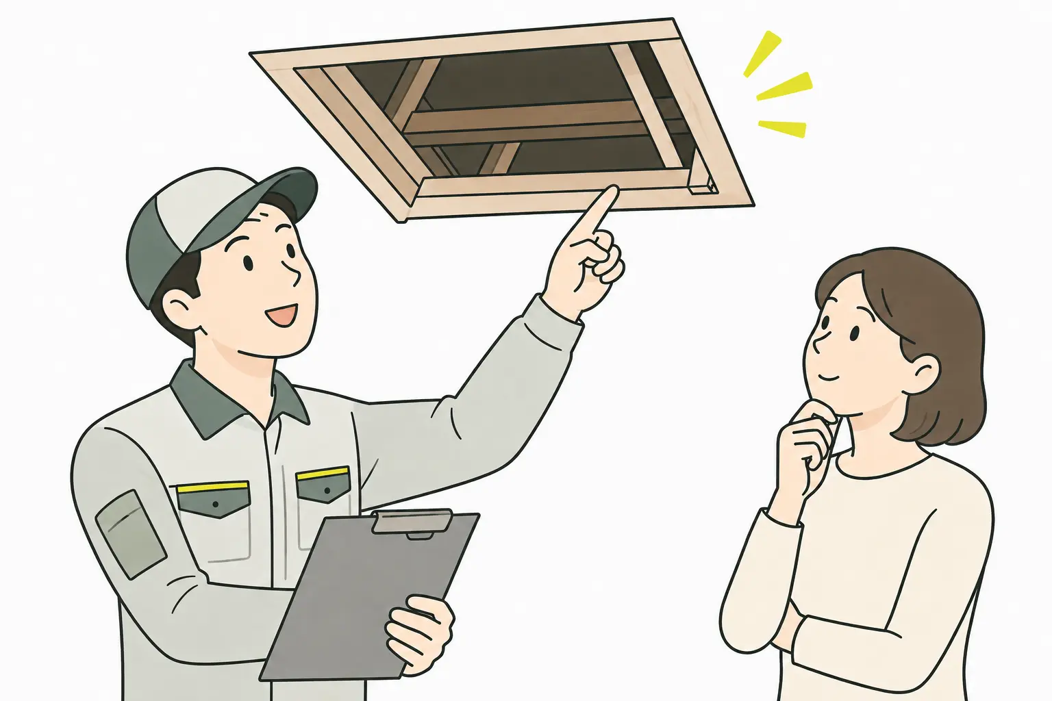 作業員が住宅の天井点検口を確認しながら説明するイラスト